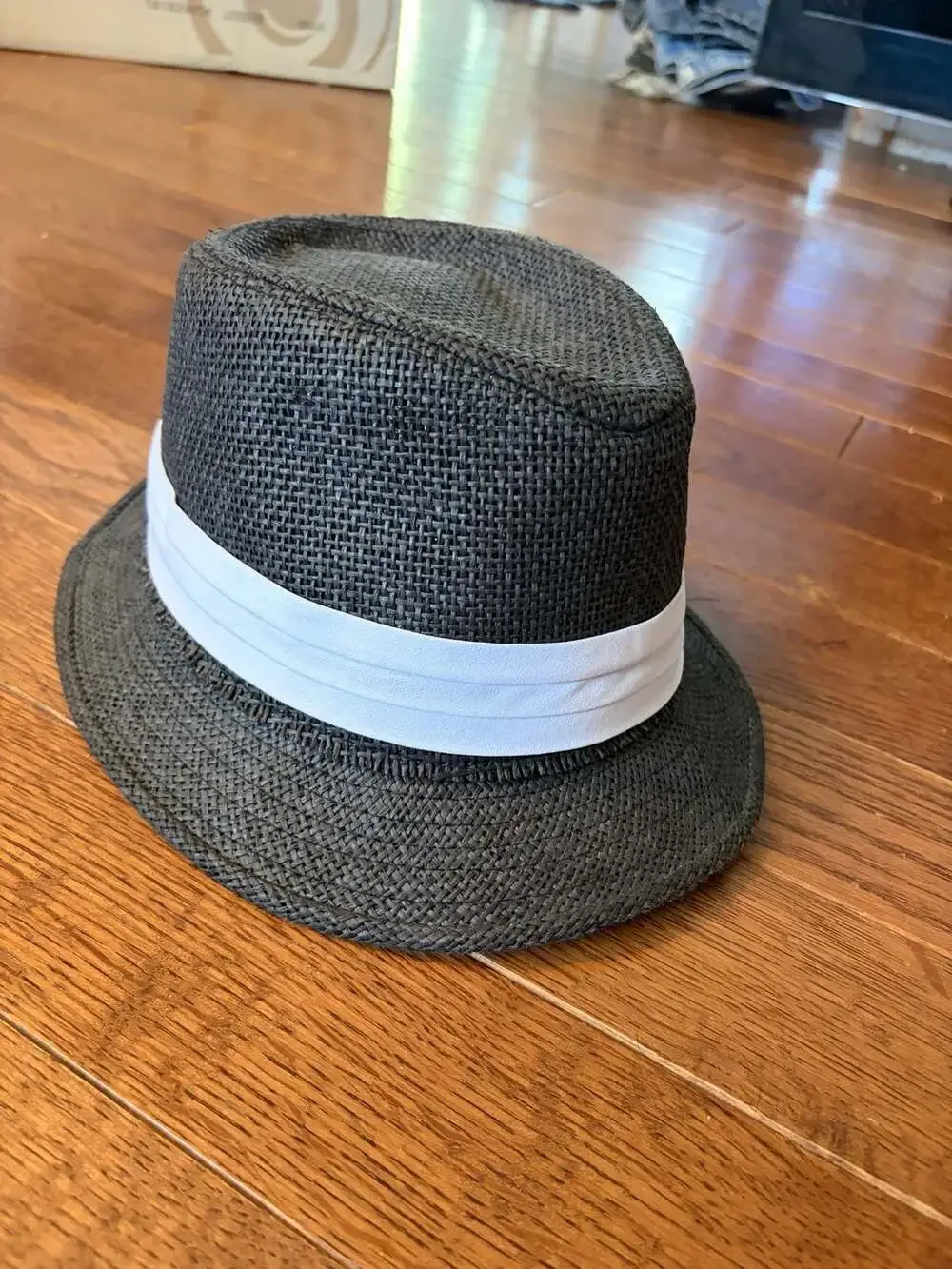 Bebe Black Straw Fedora Hat OS White Band Gold Logo